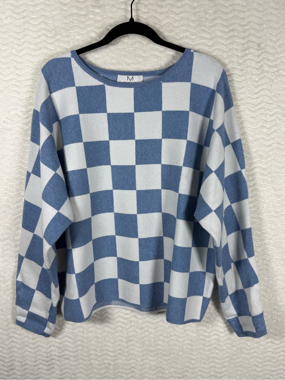 Magaschoni Blue & White Checker Knit Pullover. Amazingly Soft